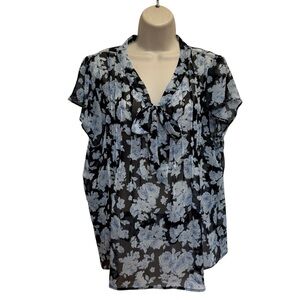 Elle Sheer Floral Tie Neckline Flutter Sleeve Sz XL